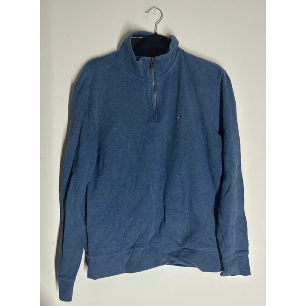 Tommy Hilfiger Mens Large Blue Quarter Zip Mock Neck Pullover Sweater Flag Logo